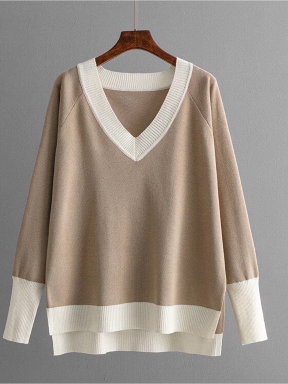 Amazon Beige V-Neck Sweater with Cream Contrast Trim